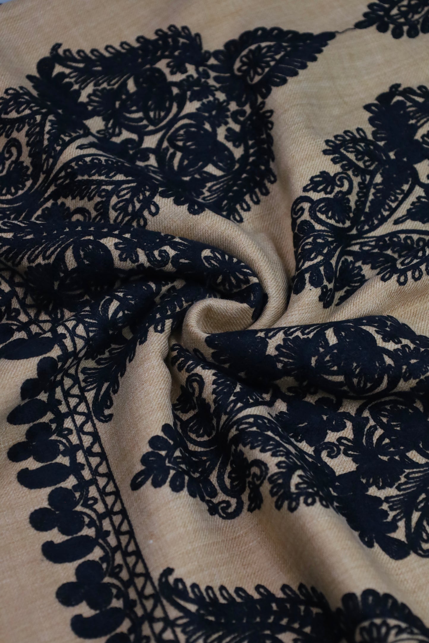 Premium Quality Beige Color with Black Embroided Pashmina Cashmere Shawl by Rennuce