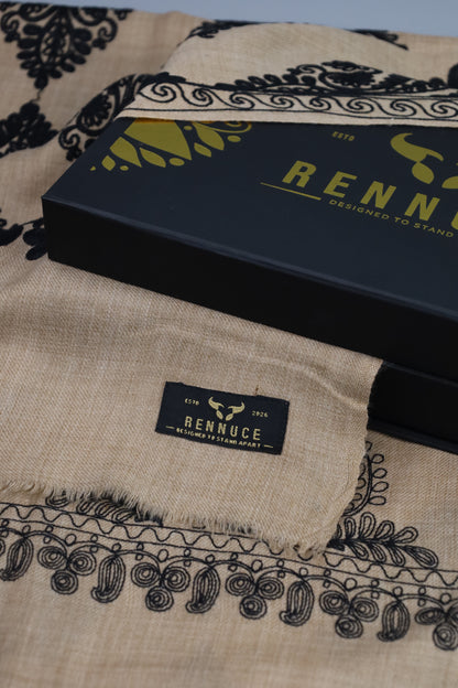 Premium Quality Beige Color with Black Embroided Pashmina Cashmere Shawl by Rennuce
