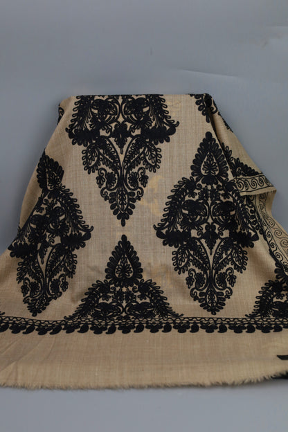 Premium Quality Beige Color with Black Embroided Pashmina Cashmere Shawl by Rennuce