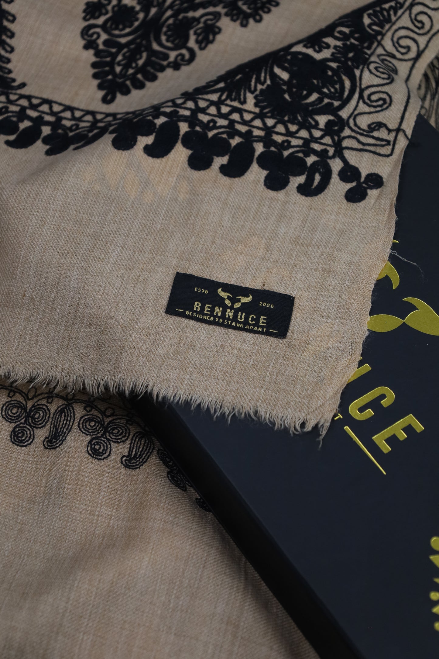 Premium Quality Beige Color with Black Embroided Pashmina Cashmere Shawl by Rennuce