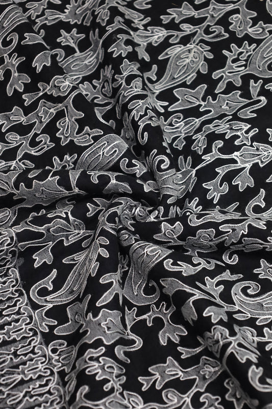 Premium Quality Black With Off White Embroidered Authentic Pashmina Cashmere Shawl by Rennuce
