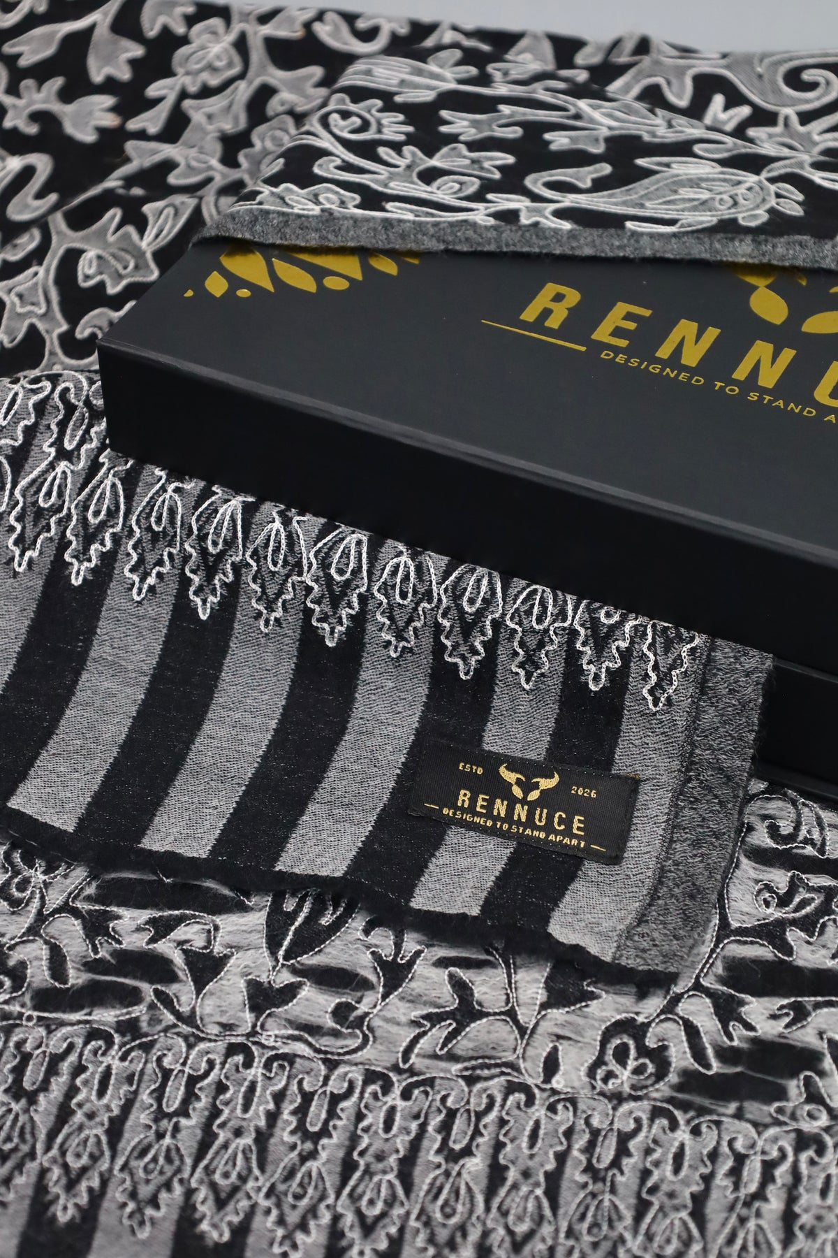 Premium Quality Black With Off White Embroidered Authentic Pashmina Cashmere Shawl by Rennuce