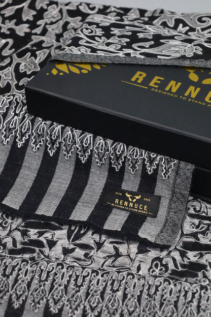 Premium Quality Black With Off White Embroidered Authentic Pashmina Cashmere Shawl by Rennuce