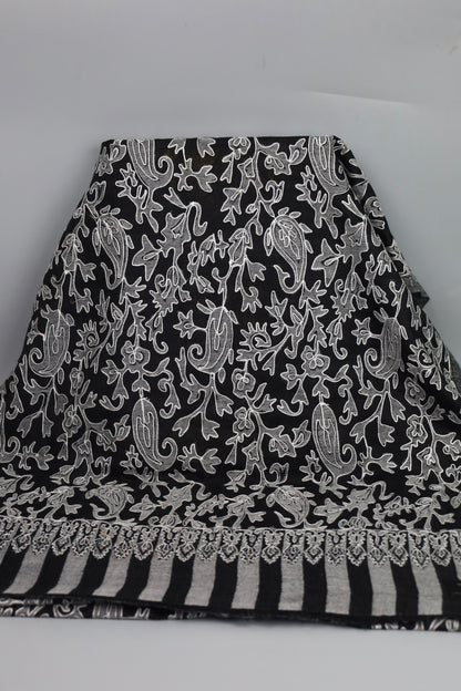 Premium Quality Black With Off White Embroidered Authentic Pashmina Cashmere Shawl by Rennuce