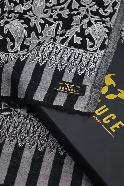Premium Quality Black With Off White Embroidered Authentic Pashmina Cashmere Shawl by Rennuce