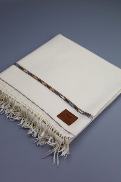 Premium Quality Double Fiber Blue Striped  Off White Pure Woolen Shawl by Rennuce