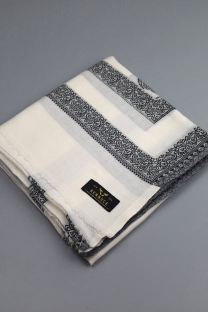 Premium Quality Extremely Soft Off White With Black Border Authentic Pashmina Cashmere Shawl by Rennuce