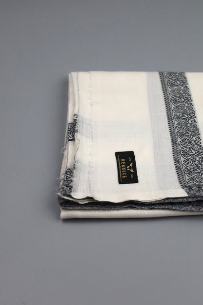 Premium Quality Extremely Soft Off White With Black Border Authentic Pashmina Cashmere Shawl by Rennuce
