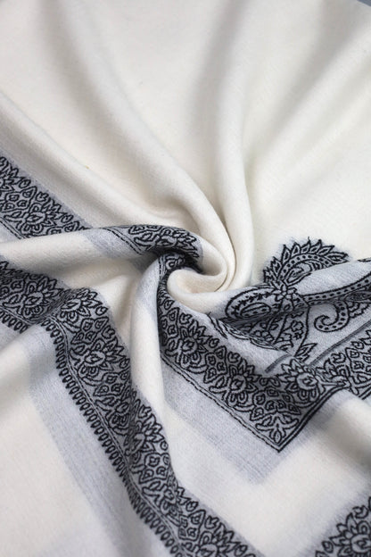 Premium Quality Extremely Soft Off White With Black Border Authentic Pashmina Cashmere Shawl by Rennuce