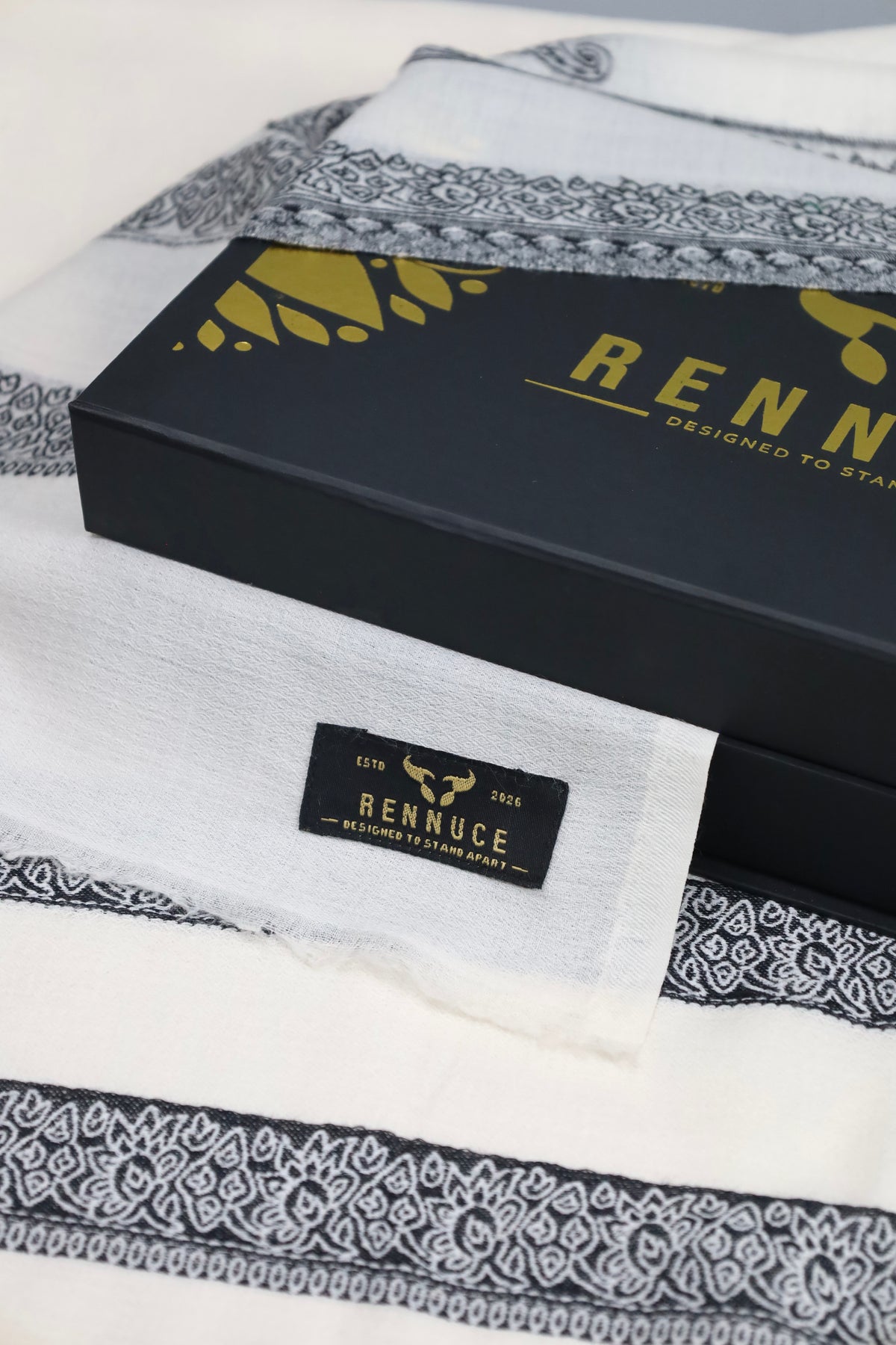 Premium Quality Extremely Soft Off White With Black Border Authentic Pashmina Cashmere Shawl by Rennuce
