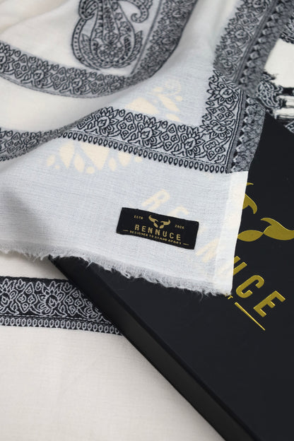 Premium Quality Extremely Soft Off White With Black Border Authentic Pashmina Cashmere Shawl by Rennuce