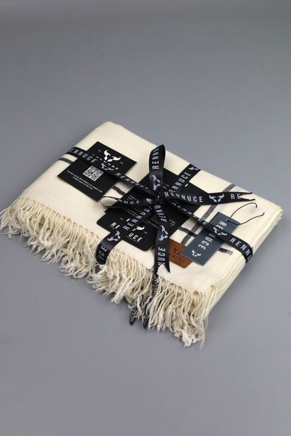 Premium Quality Off White Black Border Pure Woolen Shawl by Rennuce