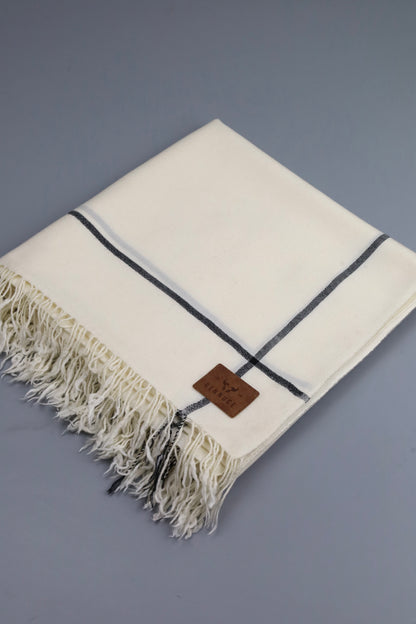Premium Quality Off White Black Border Pure Woolen Shawl by Rennuce