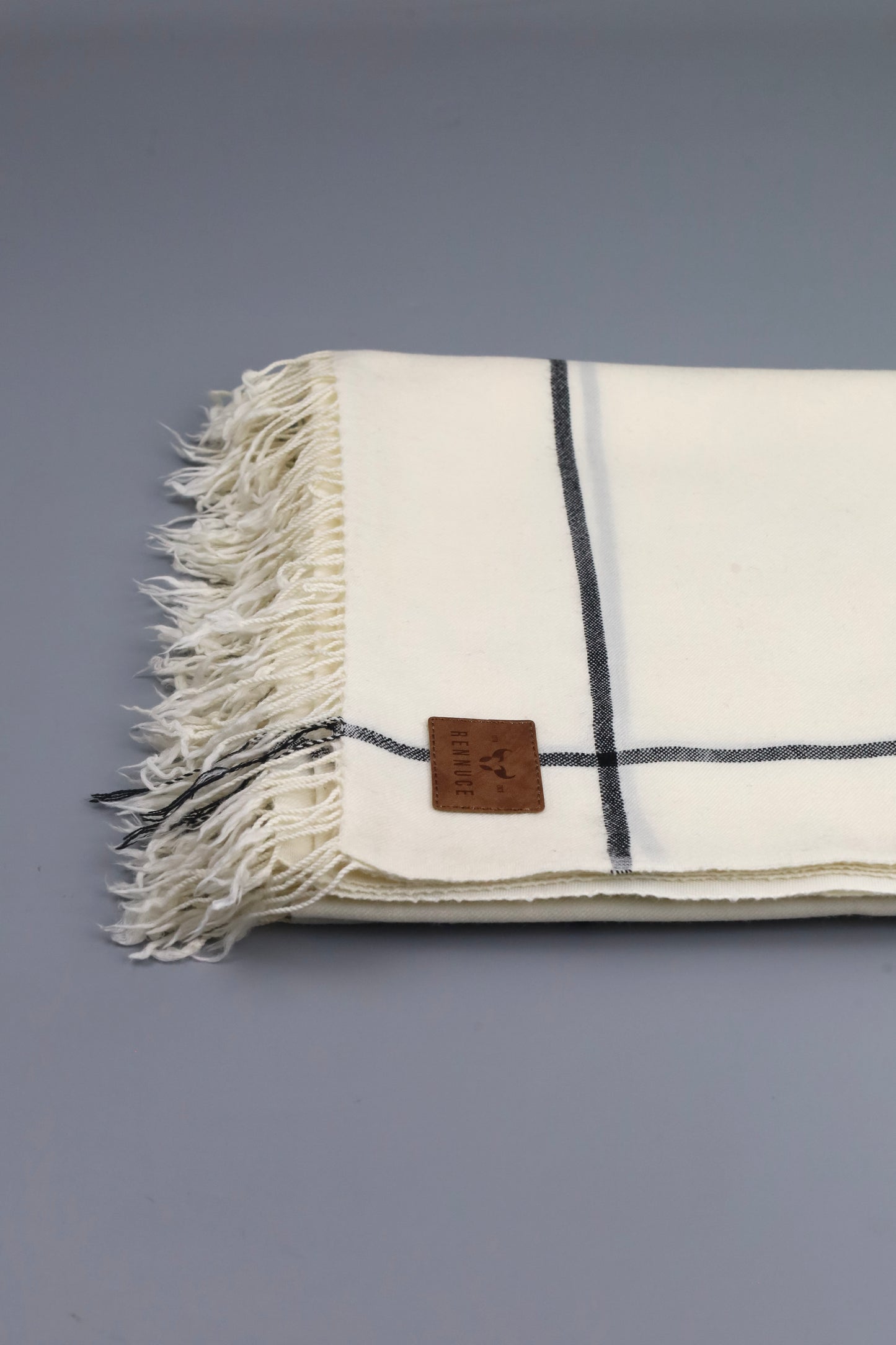 Premium Quality Off White Black Border Pure Woolen Shawl by Rennuce