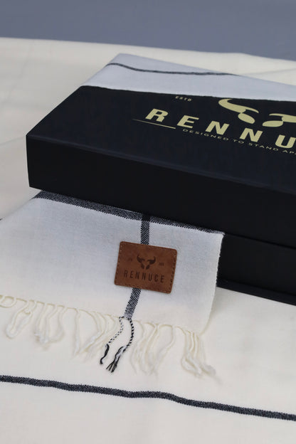 Premium Quality Off White Black Border Pure Woolen Shawl by Rennuce