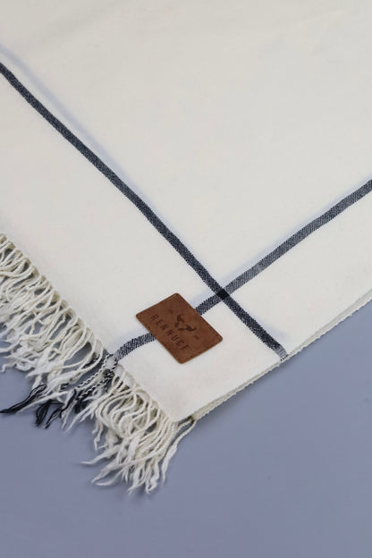Premium Quality Off White Black Border Pure Woolen Shawl by Rennuce