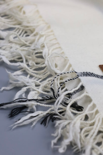 Premium Quality Off White Black Border Pure Woolen Shawl by Rennuce