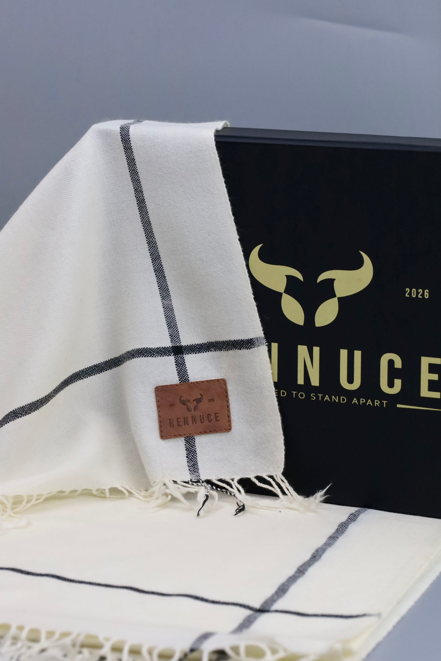 Premium Quality Off White Black Border Pure Woolen Shawl by Rennuce