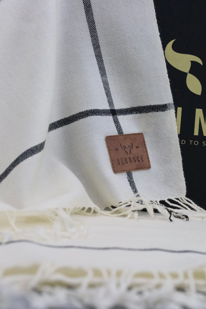 Premium Quality Off White Black Border Pure Woolen Shawl by Rennuce