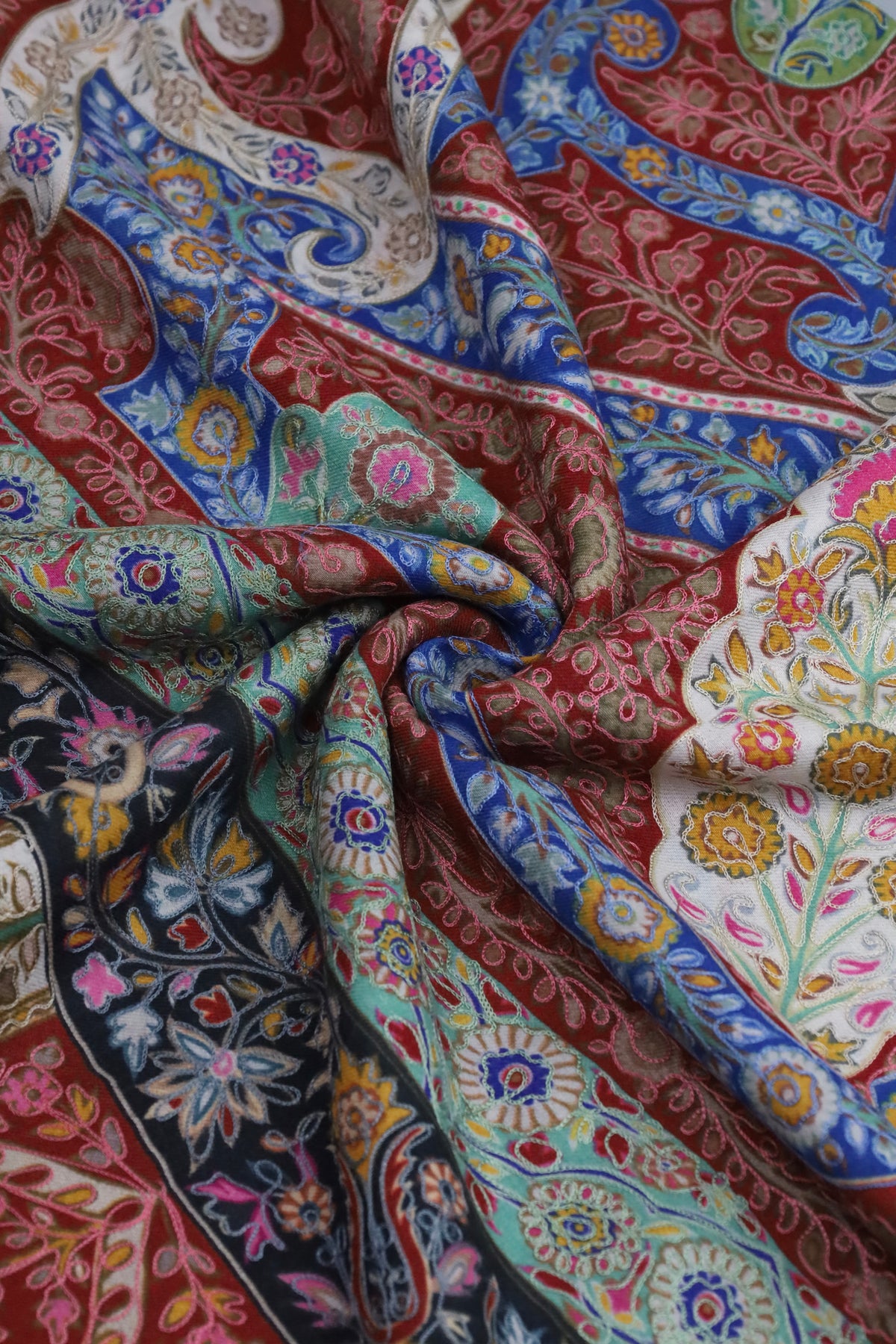 Premium Quality Red Fully Multi Color Kalamkar Authentic Pashmina Cashmere Shawl by Rennuce