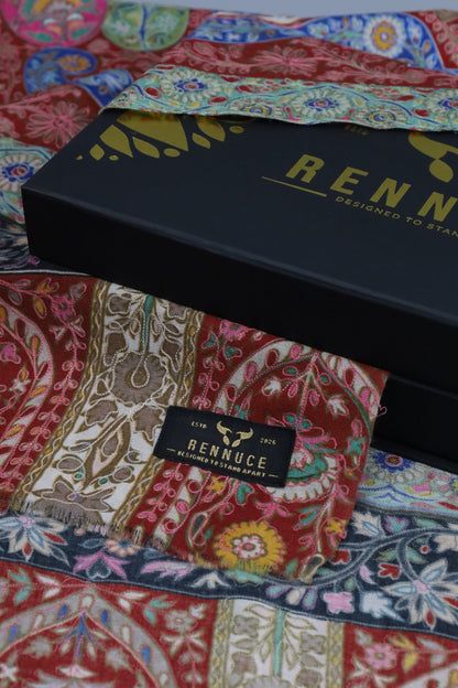 Premium Quality Red Fully Multi Color Kalamkar Authentic Pashmina Cashmere Shawl by Rennuce