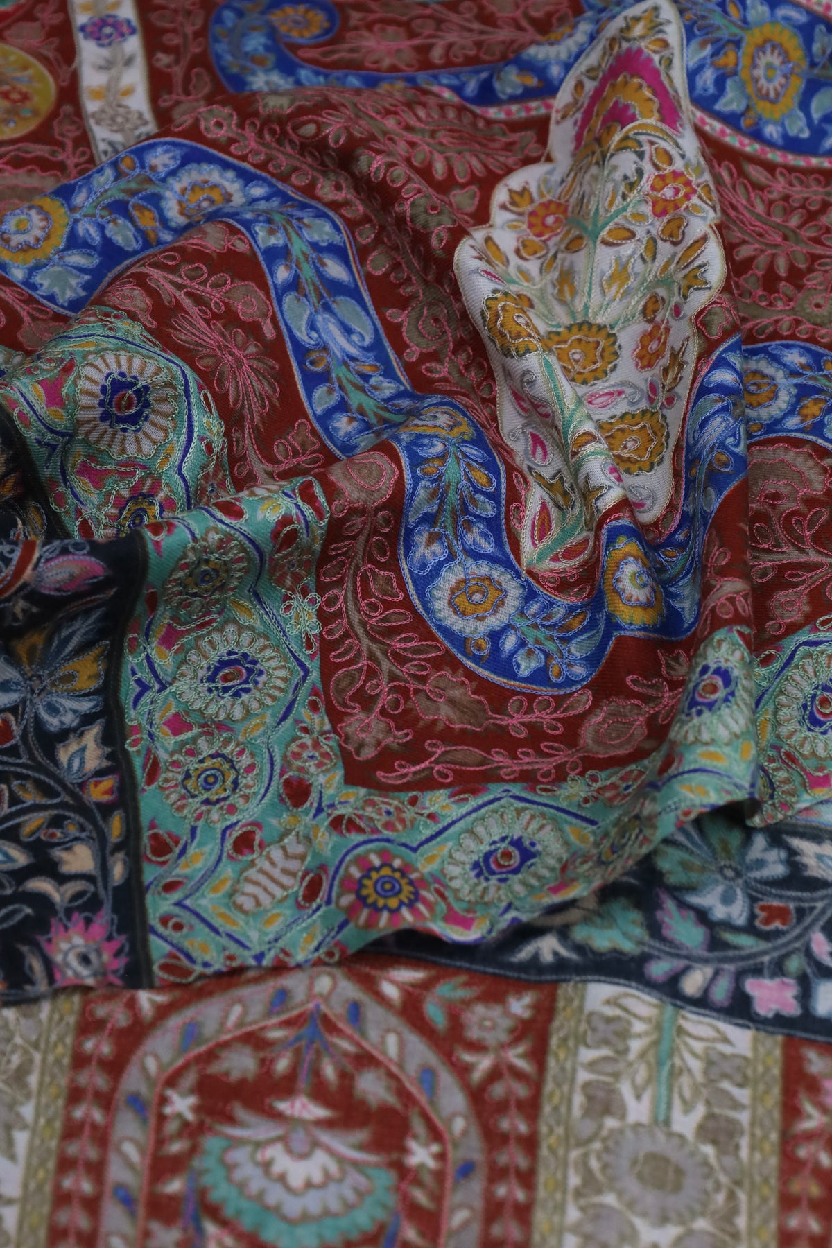 Premium Quality Red Fully Multi Color Kalamkar Authentic Pashmina Cashmere Shawl by Rennuce