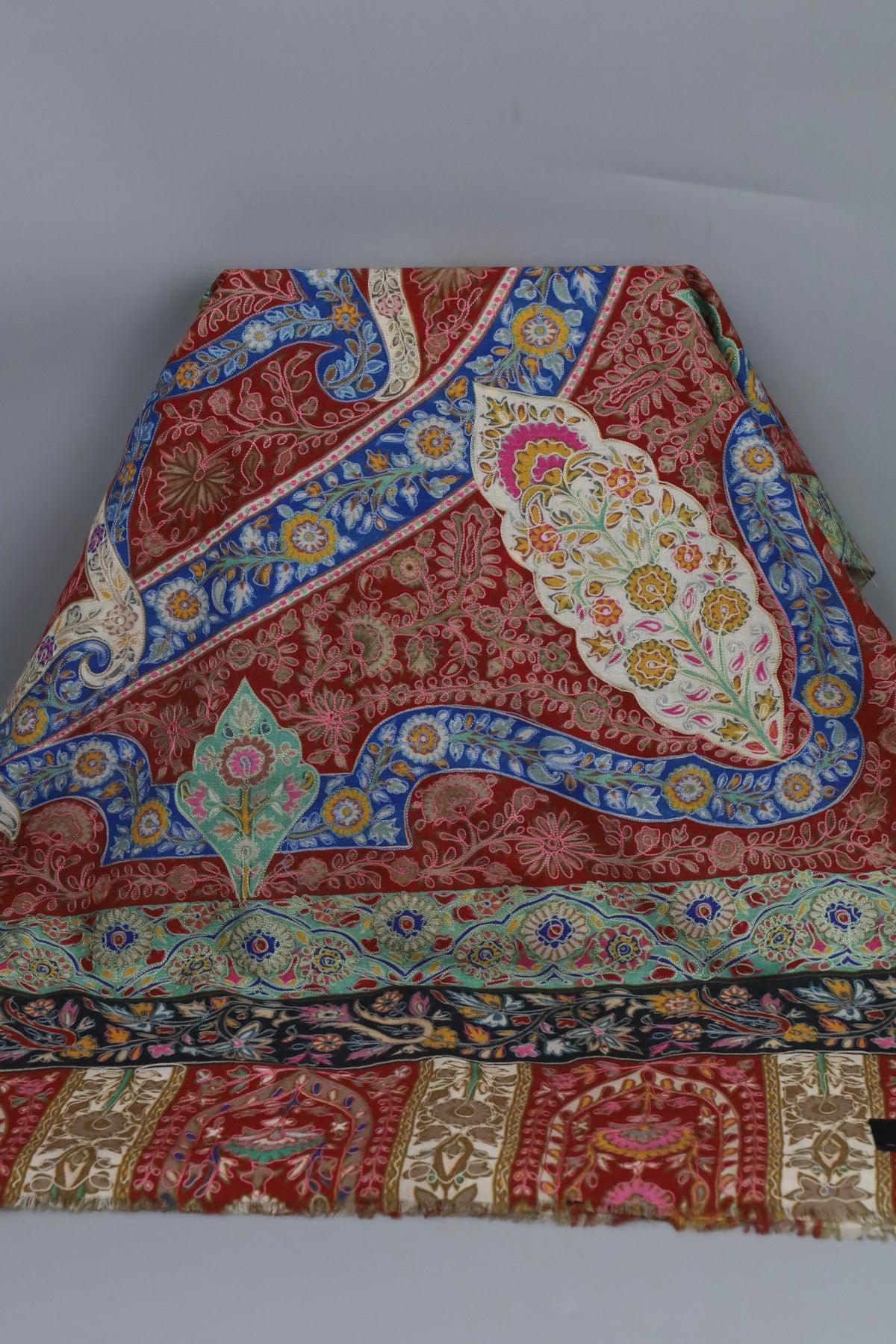 Premium Quality Red Fully Multi Color Kalamkar Authentic Pashmina Cashmere Shawl by Rennuce